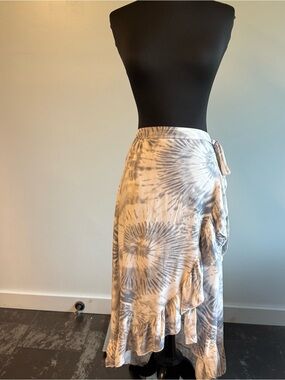 blue island Tie-Dye Ruffle Wrap Midi Skirt - Cream and Gray